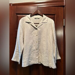 Harvé Benard Linen Button Front Top Cream Relaxed Fit 3/4 Sleeve